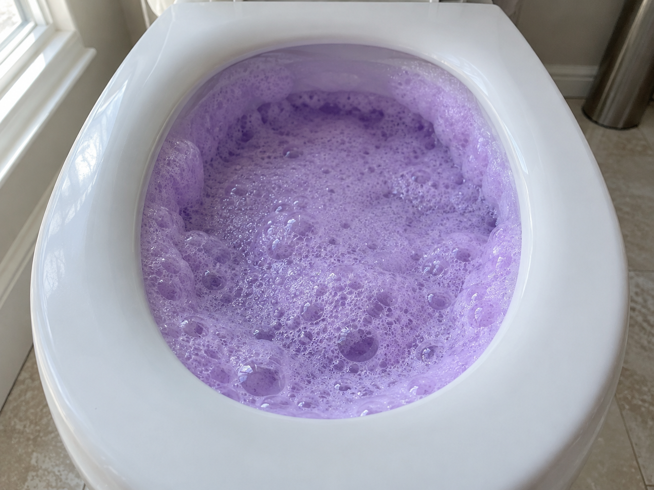 Dense purple foam filling a white toilet bowl and packed under the rim