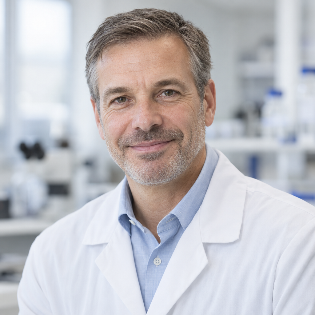 Albert Freeman, chemical expert and Fuugu product tester, in a white lab coat