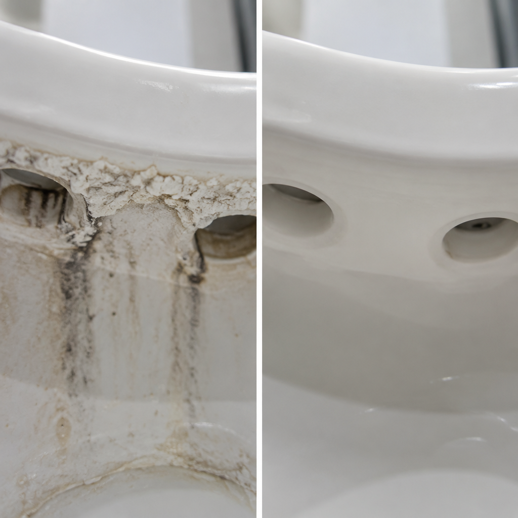 Before and after: limescale crust under a toilet rim, then smooth and clean